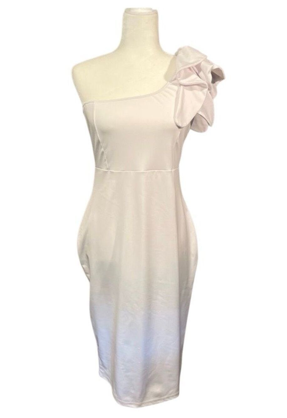 Mokoru White one-shoulder bodycon formal dress with large shoulder bow - L